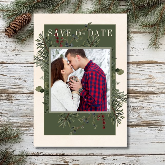 Rustic Winter Berries & Pine Cream Save The Date (Creator Uploaded)