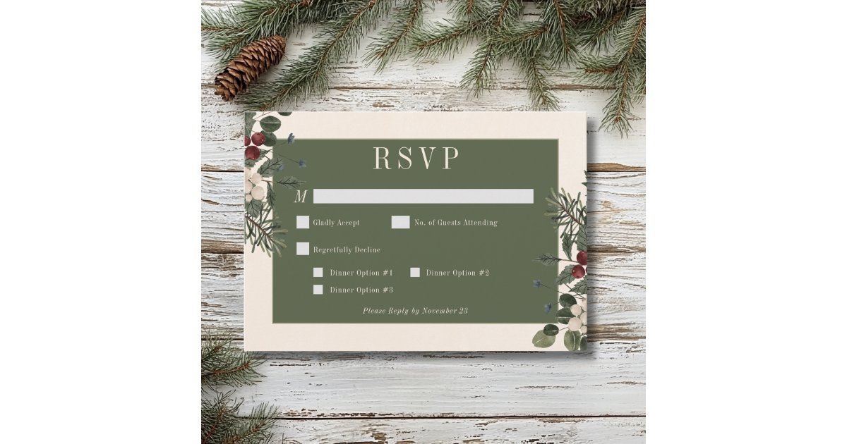 Rustic Winter Berries & Pine Cream Wedding Dinner RSVP Card | Zazzle