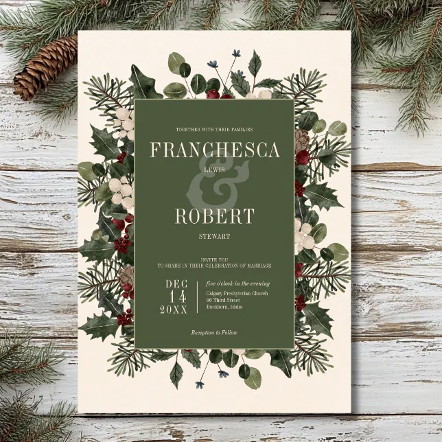 Rustic Winter Berries & Pine Cream Wedding Invitation | Zazzle