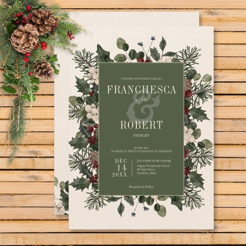 Rustic Winter Berries  Pine Cream Wedding Invitation