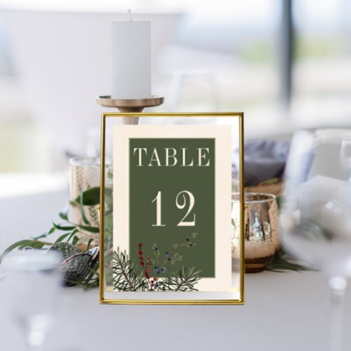 Rustic Winter Berries  Pine Cream Wedding Table Number