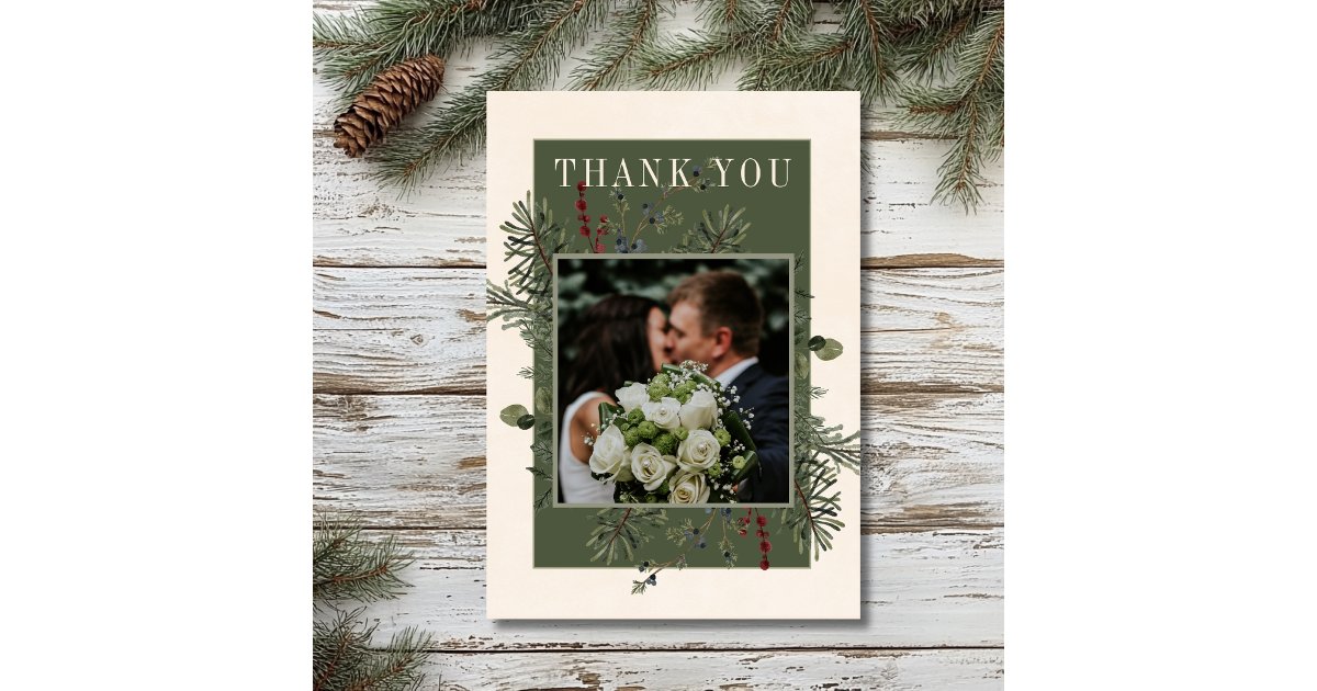 Rustic Winter Berries & Pine Cream Wedding Thank You Card | Zazzle