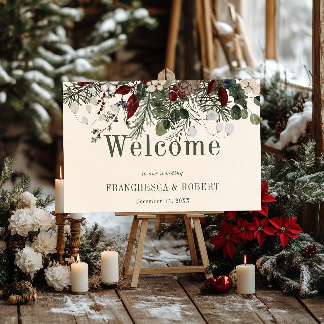 Rustic Winter Berries & Pine Cream Wedding Welcome Foam Board (Rustic Winter Berries & Pine Cream Wedding Welcome Foam Board)