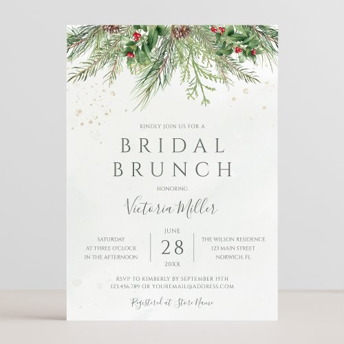 Rustic Winter Berries Pine Greenery Bridal Brunch Invitation