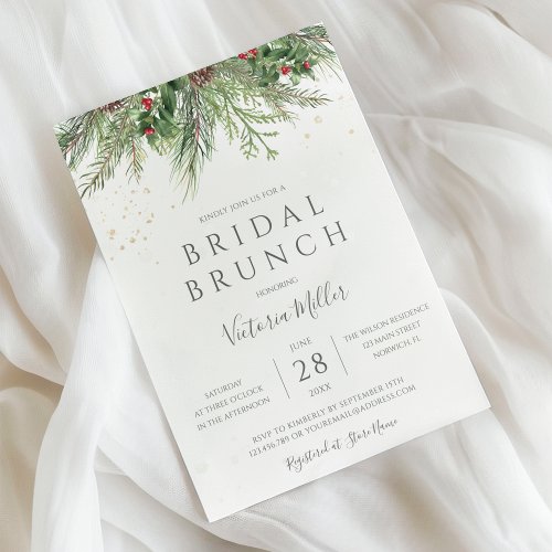 Rustic Winter Berries Pine Greenery Bridal Brunch Invitation