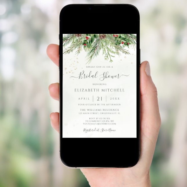 Rustic Winter Berries Pine Greenery Bridal Shower Invitation (Front Digital)