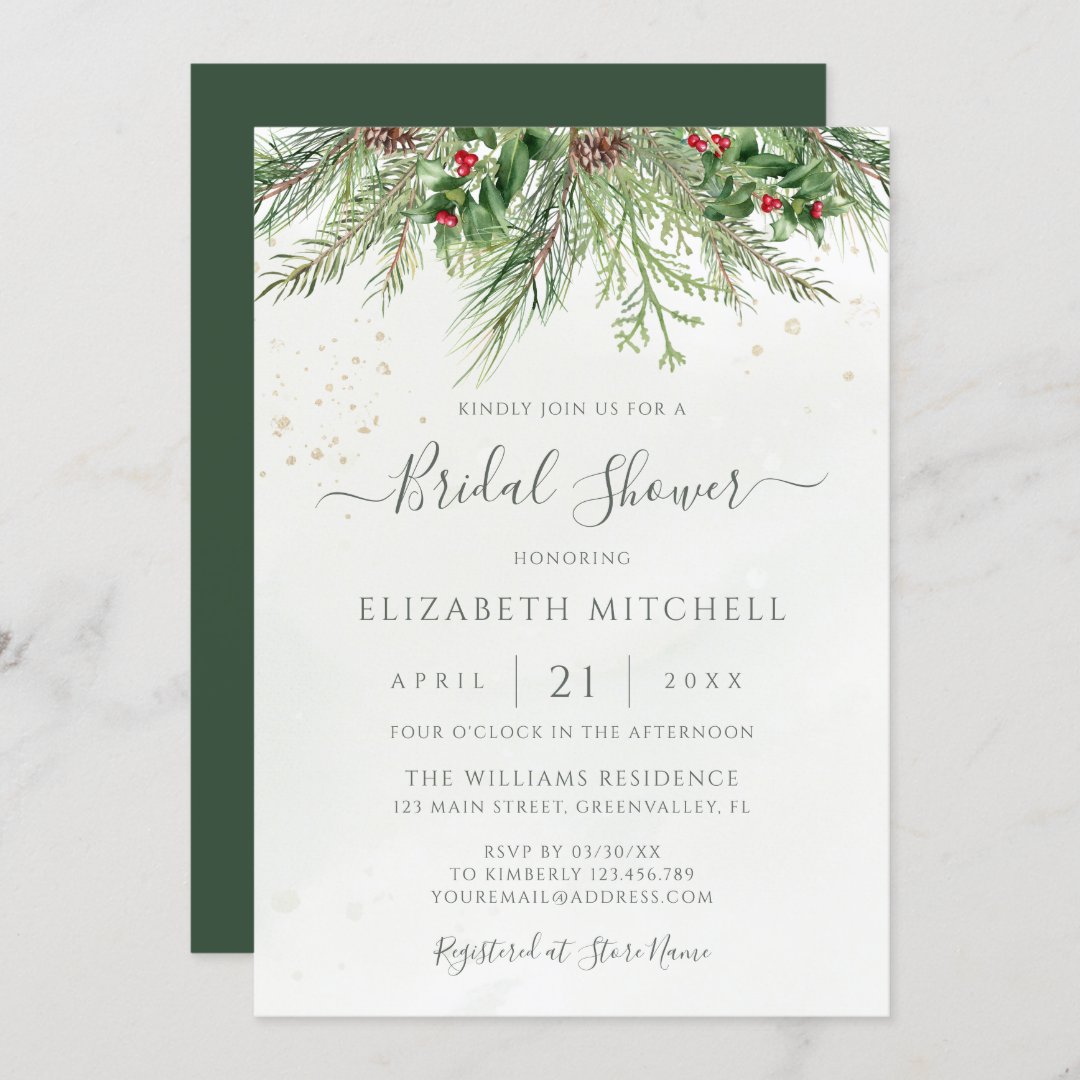 Rustic Winter Berries Pine Greenery Bridal Shower Invitation | Zazzle