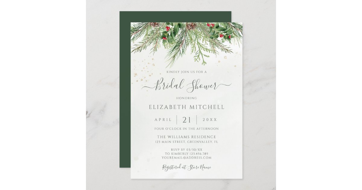 Rustic Winter Berries Pine Greenery Bridal Shower Invitation | Zazzle
