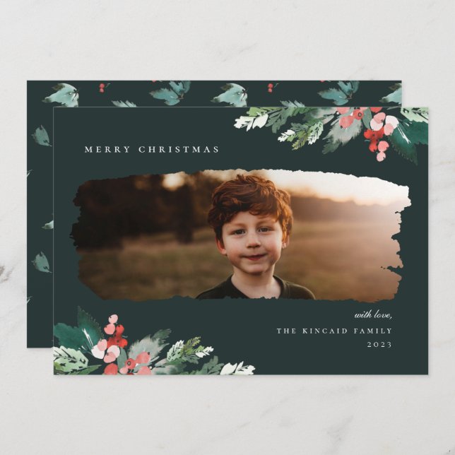 Rustic Winter Berry Greenery Photo Holiday Card (Front/Back)