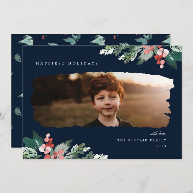 Rustic Winter Berry Greenery Photo Holiday Card (Front/Back)