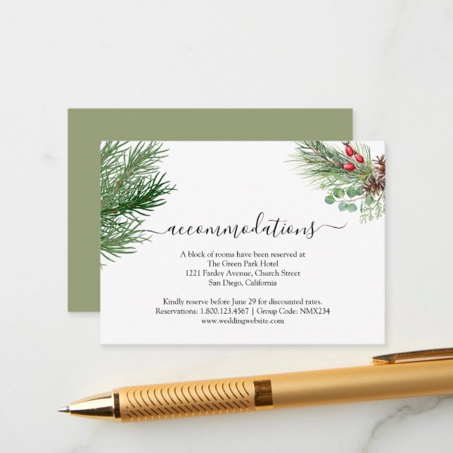 Rustic Winter Berry Pine Greenery Wedding Enclosure Card (Front/Back In Situ)