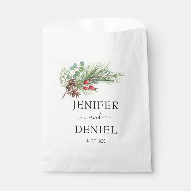 Rustic Winter Berry Pine Greenery Wedding Favor Bag (Front)