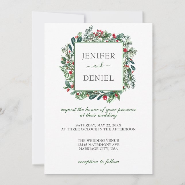 Rustic Winter Berry Pine Greenery Wedding Invitation (Front)