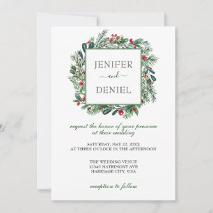Rustic Winter Berry Pine Greenery Wedding Invitation