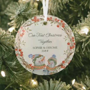 Rustic Winter Berry Wreath and Cute Snowmen Glass Ornament