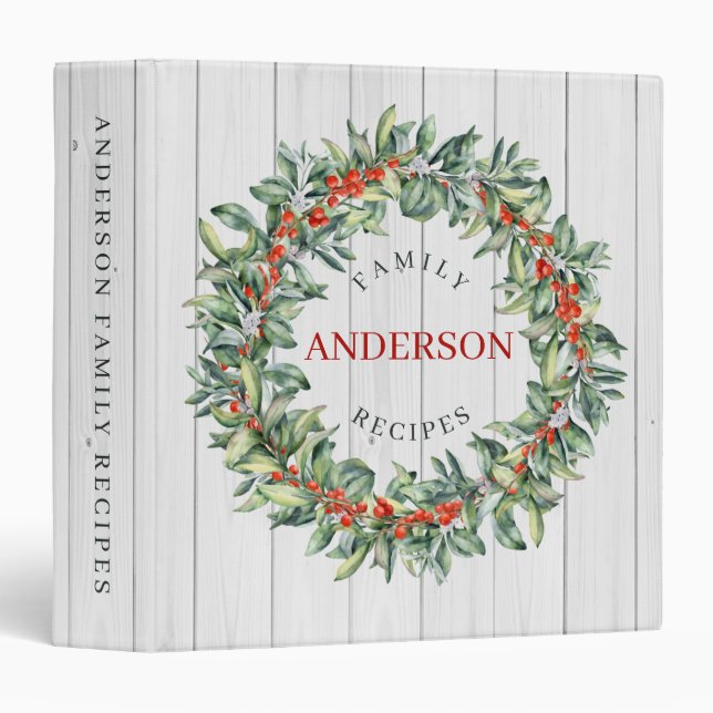 Rustic Winter Berry Wreath Farmhouse Family Recipe 3 Ring Binder (Front/Spine)
