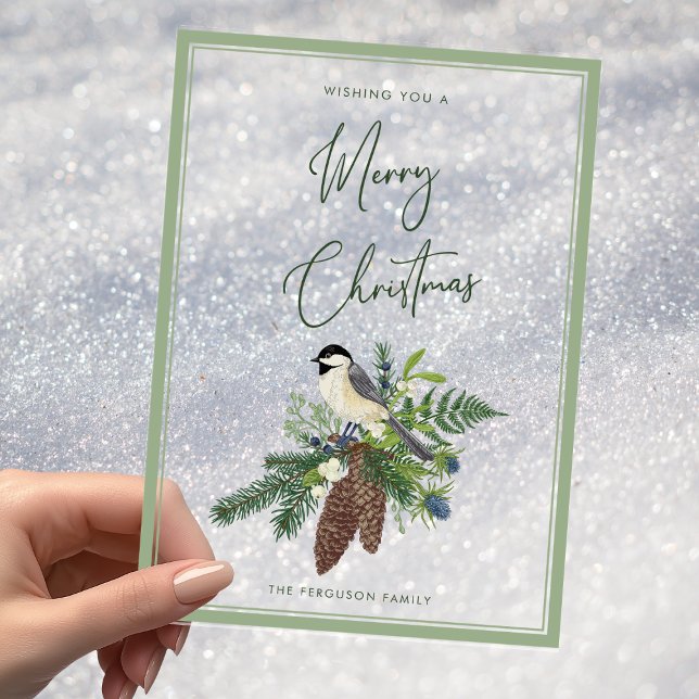 Rustic Winter Bird & Pine Spray Photo Christmas Acrylic Invitations (Rustic Winter Bird & Pine Spray Acrylic Christmas Holiday Card)