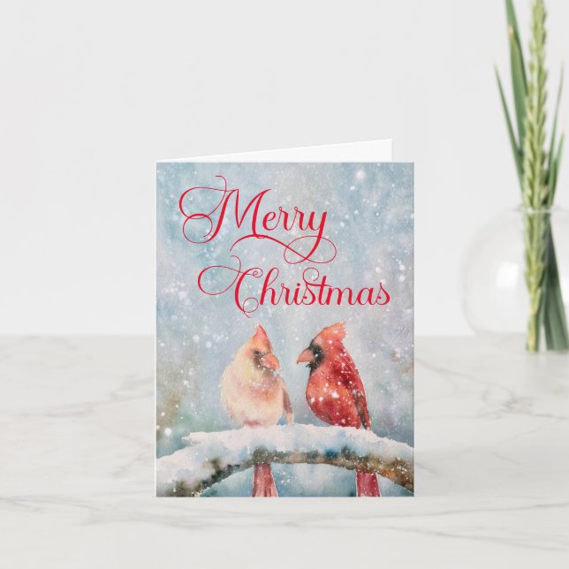 Rustic Winter Birds Watercolor Merry Christmas Holiday Card (Front)