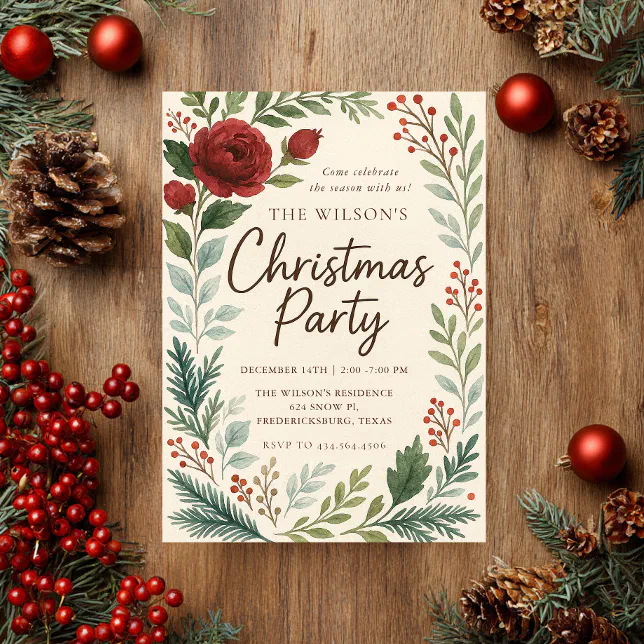 Rustic Winter Blooms Christmas Invitation | Zazzle