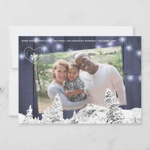 Rustic winter blue barn wood twinkle lights photo holiday card