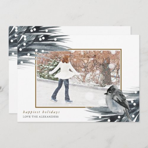 Rustic Winter Blue Foliage Happy Holidays Photo Holiday Card