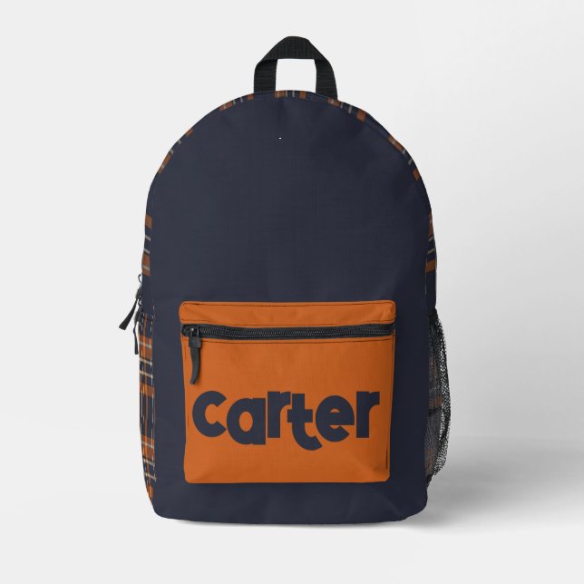 Rustic Winter Blue orange plaid Printed Backpack (Front)