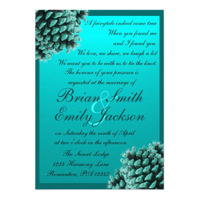 Rustic winter blue pine cone wedding invitations