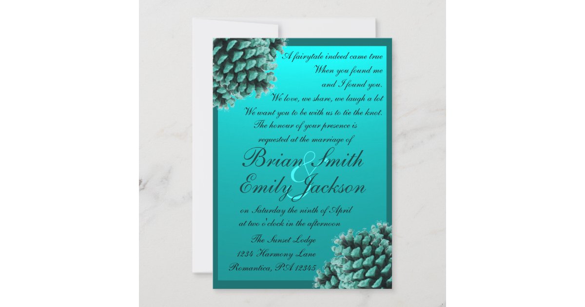 Rustic winter blue pine cone wedding invitations | Zazzle