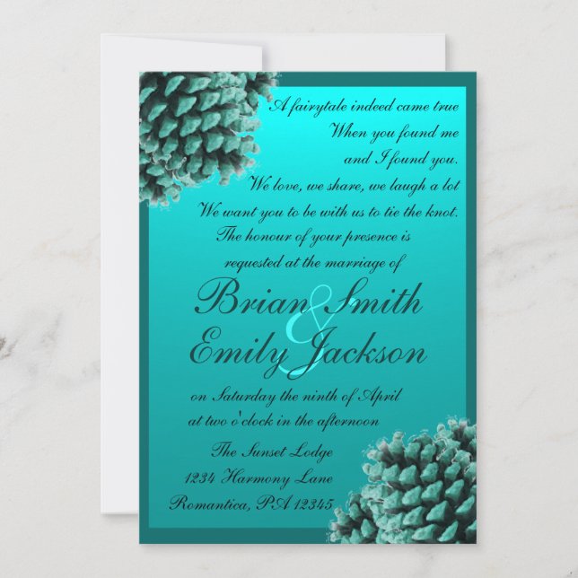 Rustic winter blue pine cone wedding invitations (Front)