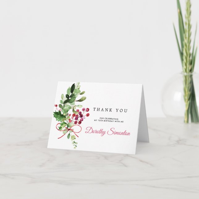 Rustic Winter Botanical 70th Birthday Photo Thank You Card (Front)