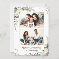 Rustic Winter Botanical Floral 2 Photos Christmas Holiday Card