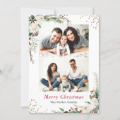 Rustic Winter Botanical Floral 2 Photos Christmas Holiday Card (Front)