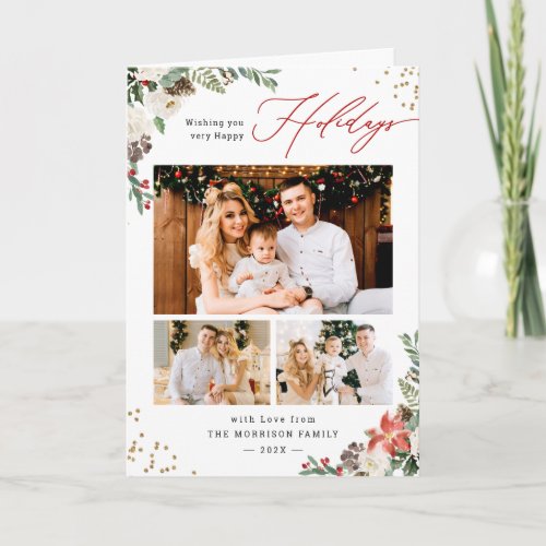 Rustic Winter Botanical Floral Script 3 Photo Holiday Card
