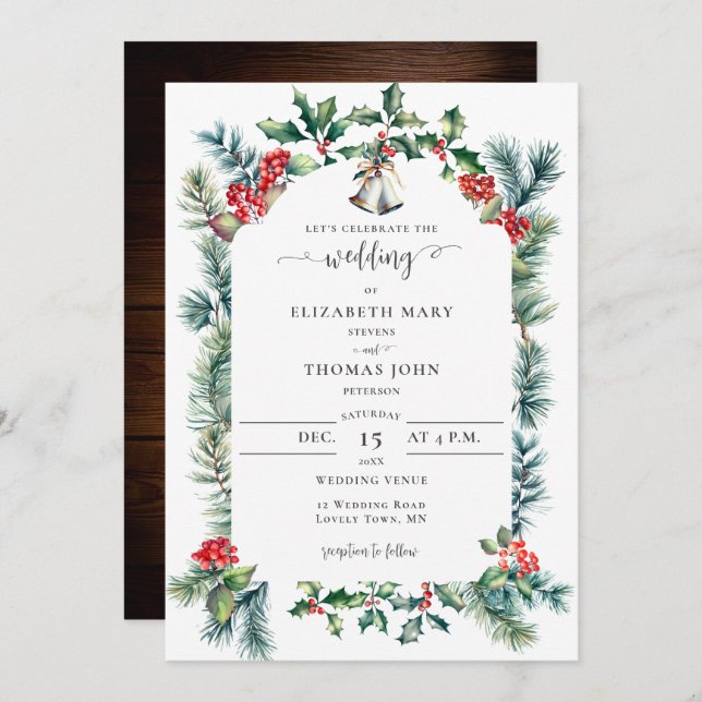 Rustic Winter Botanical Frame Green Red Wedding Invitation (Front/Back)