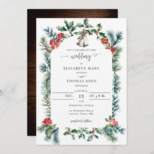 Rustic Winter Botanical Frame Green Red Wedding Invitation