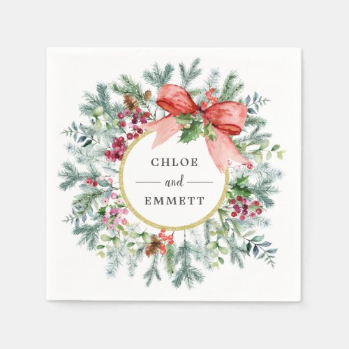 Rustic Winter Botanical Greenery Red Bow Wedding Napkins