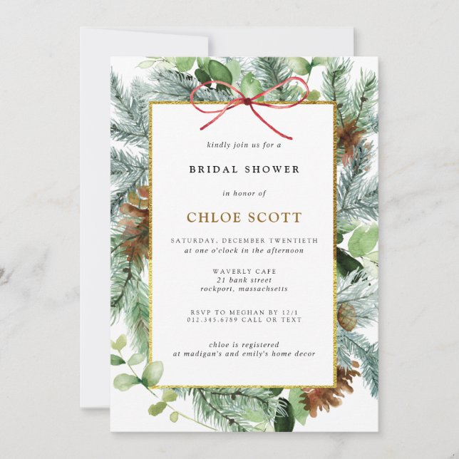 Rustic Winter Botanical Pine Bridal Shower Invitation (Front)