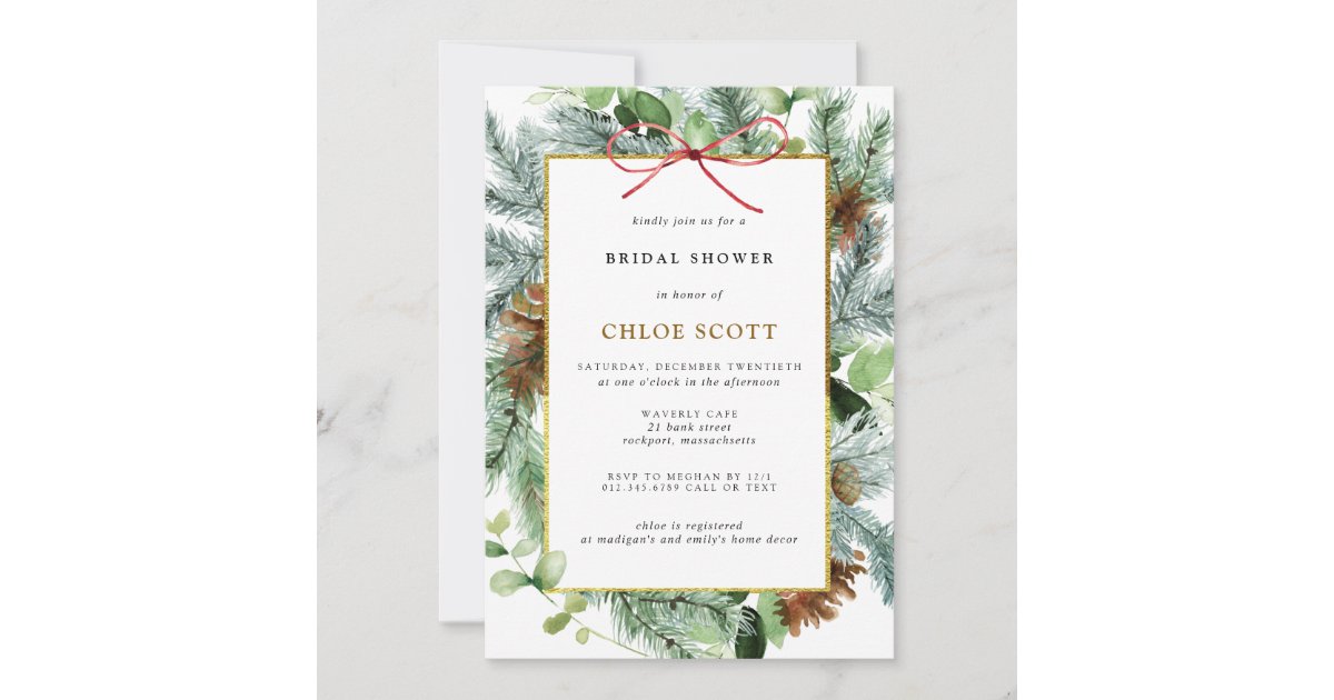 Holly Greenery and Floral Christmas Holiday or December Wedding Shower Pine Printable or Printed Winter Bridal Shower Invitation