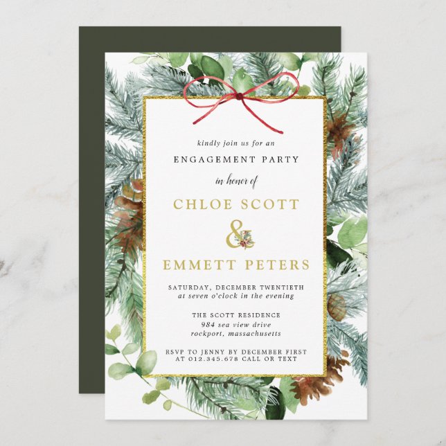 Rustic Winter Botanical Pine Engagement Party Invitation (Front/Back)