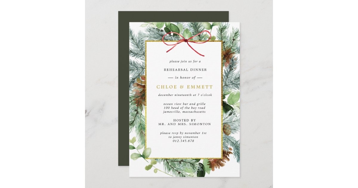 Rustic Winter Botanical Pine Rehearsal Dinner Invitation 