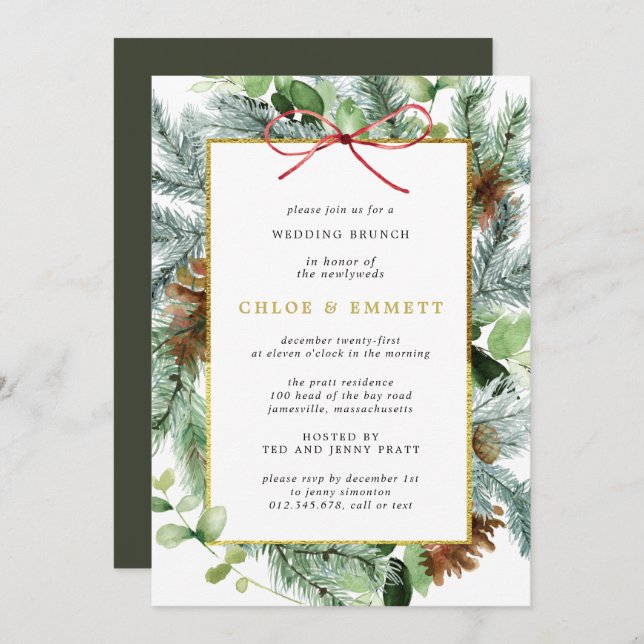 Rustic Winter Botanical Pine Wedding Brunch Invitation (Front/Back)