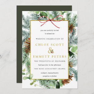 Rustic Winter Botanical Pine Wedding Invitation