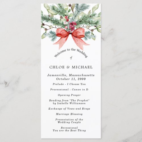 Rustic Winter Botanical Red Bow  DIY Wedding Program