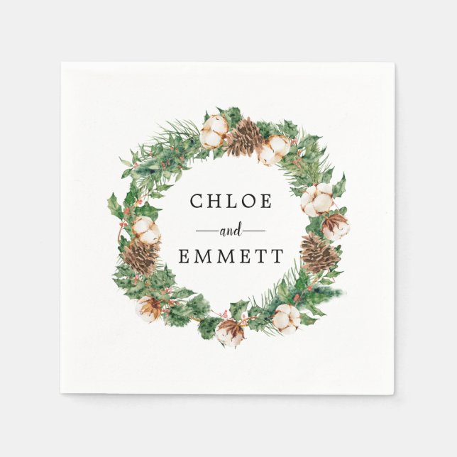 Rustic Winter Botanical Wreath Custom Wedding Napkins (Front)