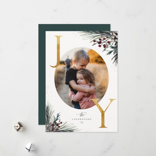 Rustic Winter Boughs Golden Joy Photo Holiday Card