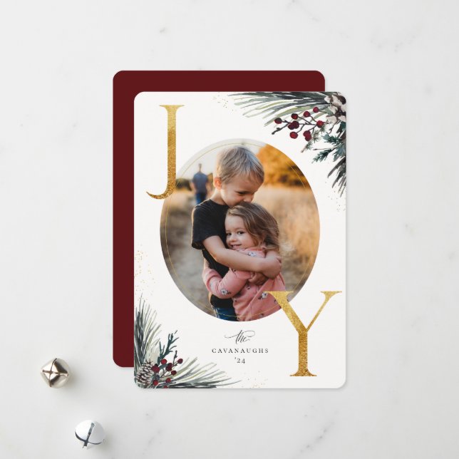 Rustic Winter Boughs Golden Joy Photo Holiday Card (Front/Back In Situ)