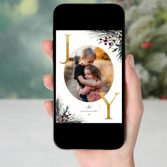 Rustic Winter Boughs Golden Joy Photo Holiday Card (Front Digital)