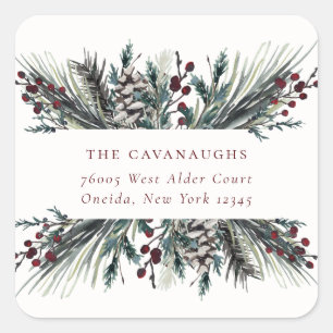 Rustic Winter Boughs Holiday Address Square Sticker