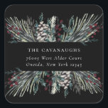 Rustic Winter Boughs Holiday Address Square Sticker<br><div class="desc">Rustic watercolor winter forest boughs,  pinecones and berries,  holiday address sticker.</div>