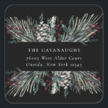 Rustic Winter Boughs Holiday Address Square Sticker<br><div class="desc">Rustic watercolor winter forest boughs,  pinecones and berries,  holiday address sticker.</div>